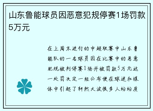 山东鲁能球员因恶意犯规停赛1场罚款5万元