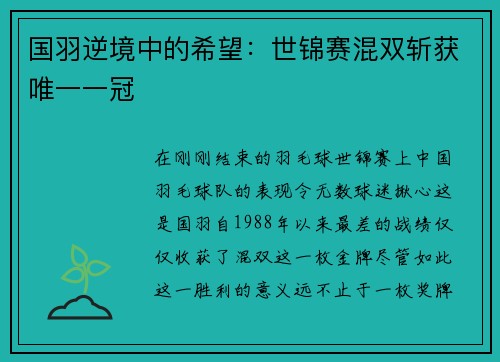 国羽逆境中的希望：世锦赛混双斩获唯一一冠