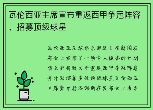 瓦伦西亚主席宣布重返西甲争冠阵容，招募顶级球星