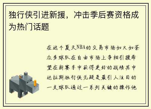 独行侠引进新援，冲击季后赛资格成为热门话题
