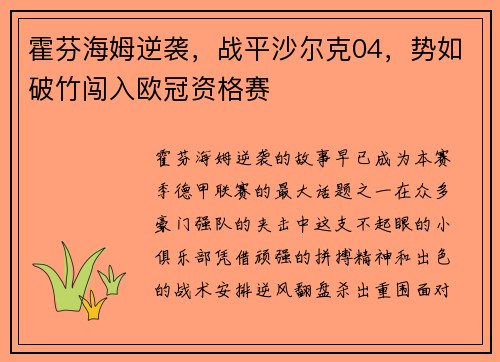 霍芬海姆逆袭，战平沙尔克04，势如破竹闯入欧冠资格赛