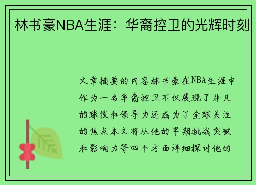 林书豪NBA生涯：华裔控卫的光辉时刻